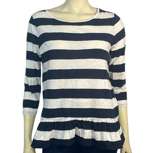 Crown  Ivy Sz M Stretch Knit T-Shirt Top Ruffle Peplum Keyhole Back Navy Stripe